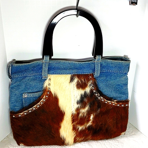 Saddle Barn Cowhide denim purse - Picture 2 of 9